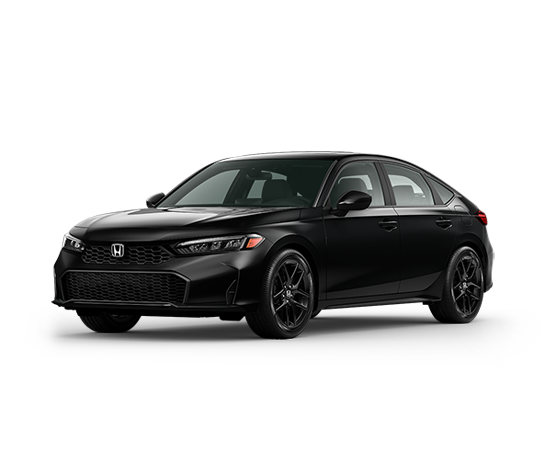 2026 Honda Civic Hatchback FWD Sport Hybrid in Crystal Black Pearl — front three-quarter view